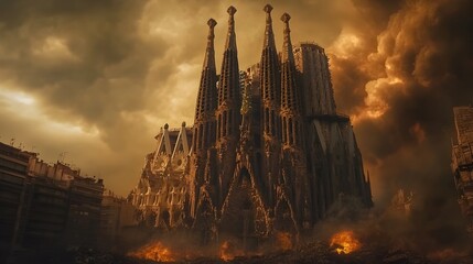 Naklejka premium Charred Gothic Towers of Barcelona s Sagrada Familia Under Ominous Sky