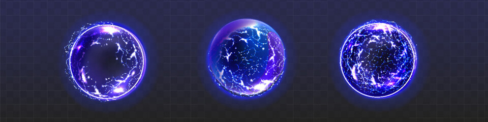 Powerful plasma spheres with electric discharge. Vector isolated energy balls with bolts and lightning in core. Magical realistic effect with blast and glowing, current of electricity inside