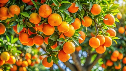 Orange tree with vibrant, ripe fruit hanging on the branches , fresh, sweet, citrus, orchard, healthy, vitamin C, picking