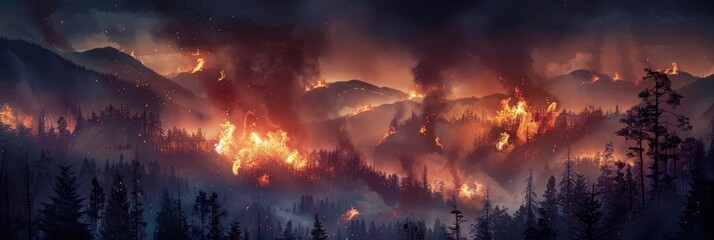 Nighttime wildfire in the mountains consuming the forest with fiery trees