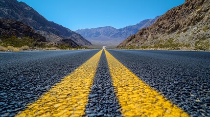 Asphalt highway, close-up, leading through rugged mountains, clear blue sky overhead