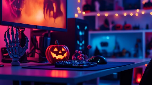 Spooky Halloween-themed computer workspace with glowing Jack-o'-lantern, eerie lighting, and decorative skeleton hand on desk.