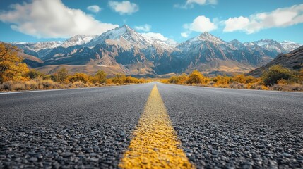 Asphalt road, close-up, framed by distant mountain peaks, clear sunny day