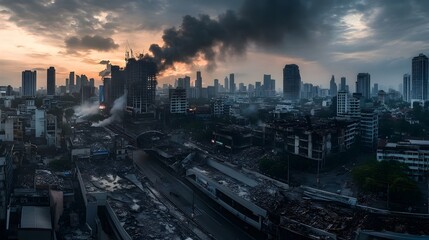 Obraz premium Crumbled and Blackened Ratchaprasong Intersection Under Dark Smoke Filled Sky