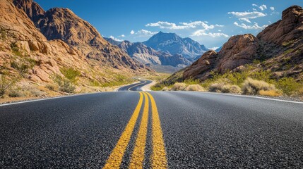 Naklejka premium Close-up of the centerline of a highway winding between mountain peaks on a sunny day