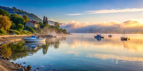 Fototapeta premium 10. Morning misty veil rises on the Black Sea's morning tranquility