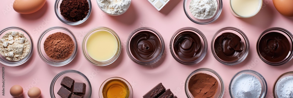 Wall mural Flat lay of glass mixing bowls filled with measured ingredients for preparing chocolate icing.