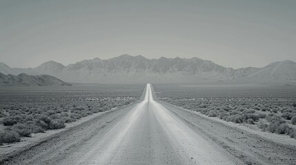 Naklejka premium Desert road with a distant mountain range, minimalist, monochrome, endless stretch, solitary journey