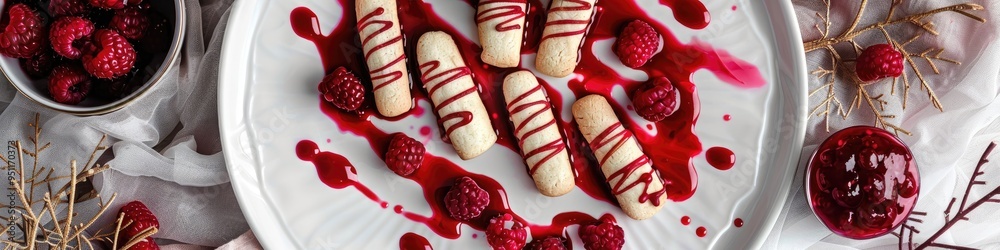 Wall mural Top view of Halloween-themed witch finger cookies served with raspberry sauce, featuring delightful and sweet flavors.