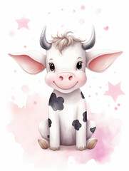 A cute cartoon cow with black spots and pink stars in the background