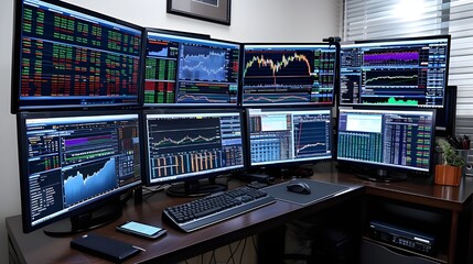 Stock trader desk setup, day trader desk, stock trader workstation, trader, serious stock trader, cryptocurrency trader, corporate stock trader, trader setup, background blurred