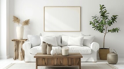 White Sofa and a Wooden Coffee Table in a White Living Room with Natural Light