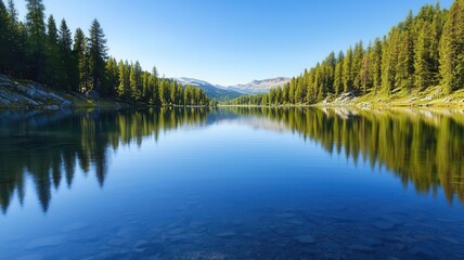 Obraz premium Secluded mountain lake with still water, reflection of the surrounding trees and sky, peaceful and undisturbed, Labor Day, nature s tranquility