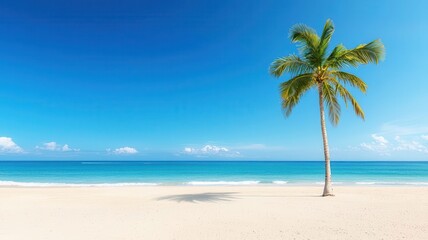 Fototapeta premium Deserted beach with a single palm tree, soft sand, tranquil waves, distant horizon, Labor Day, island retreat