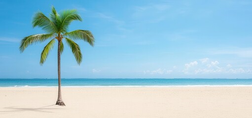 Obraz premium Deserted beach with a single palm tree, soft sand, tranquil waves, distant horizon, Labor Day, island retreat