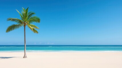 Deserted beach with a single palm tree, soft sand, tranquil waves, distant horizon, Labor Day, island retreat