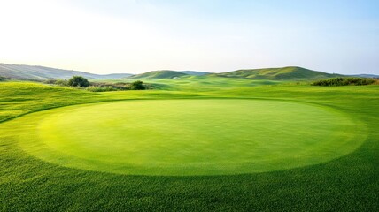 Deserted golf course at dawn, soft light on the green, rolling hills in the background, Labor Day, leisure in nature