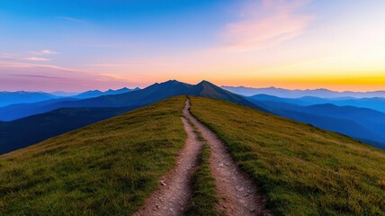 Deserted mountain trail at sunrise, soft light on the path, panoramic view of distant peaks, Labor Day, solitude in nature