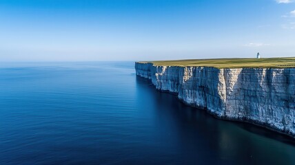 Quiet coastal cliff with a lighthouse in the distance, vast ocean view, gentle breeze, Labor Day, oceanic peace