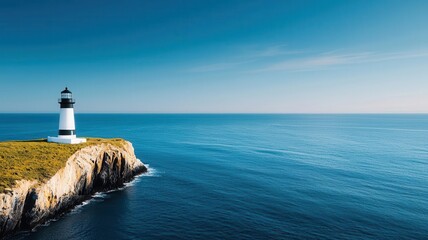 Quiet coastal cliff with a lighthouse in the distance, vast ocean view, gentle breeze, Labor Day, oceanic peace