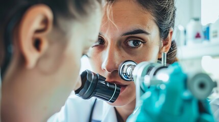 Closeup of laryngoscope device being carefully examined by a medical student their expression a mix of curiosity and concentration The background is a wellequipped medical lab