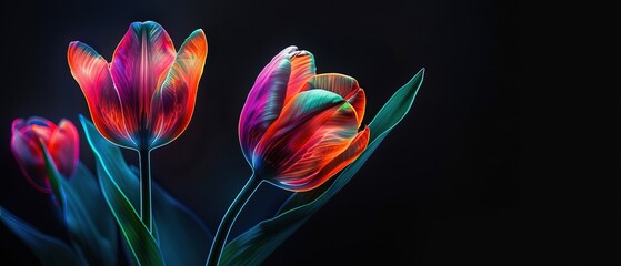 Fototapeta premium Vibrant Neon Tulips in a Dark Background
