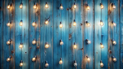 Blue wooden wall with rows of light bulbs, perfect for a trendy and industrial background