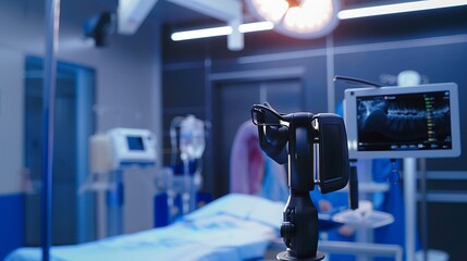 Closeup of laryngoscope device with a digital screen attachment showing a live view of a patient's airway The background is a hightech operating room highlighting the blend of technology and medicine