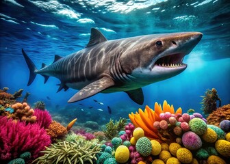 A 4k close-up of a weathered basking shark glides through vibrant coral, teeming with marine life, its fins slicing through turquoise waters.