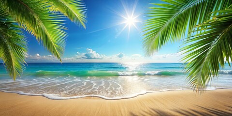 Obraz premium Serene tropical beach scene with soft sand, palm leaf, and sparkling ocean waves