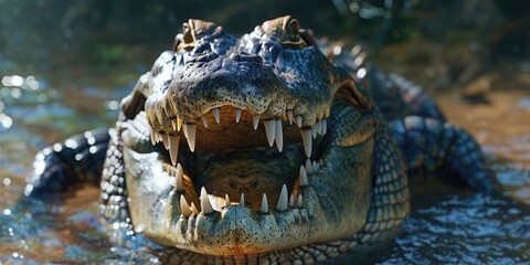 Fototapeta premium Crocodile displaying its teeth and powerful jaws wide open.
