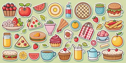 of adorable food and picnic stickers perfect for scrapbooking or journaling, cute, food, picnic, stickers, fun, colorful