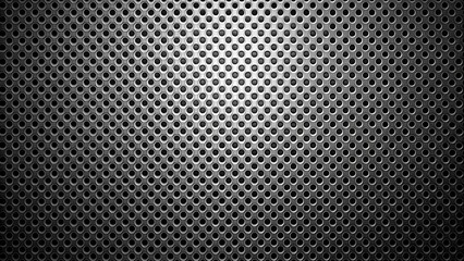 Black perforated metal background texture with small holes, perfect for industrial or modern design projects