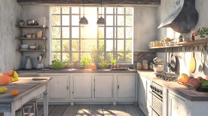 Rustic kitchen featuring fresh produce baking essentials and sunlight streaming through windows Country chic with soft pastel colors distressed wood textures 3D-rendered