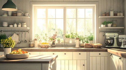Fototapeta premium Cozy farmhouse kitchen with fresh produce baking items and sunlight coming through windows Country chic soft pastels distressed wood textures 3D-rendered scene