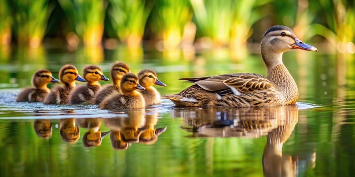 Mama duck leading her adorable ducklings through a pond, duck, ducklings, family, water, pond, cute, wildlife, nature, mama
