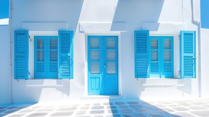 White Wall with Blue Windows and Door in Greece