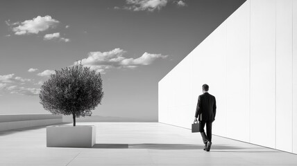 Black and white silhouette of agent against geometric architecture.