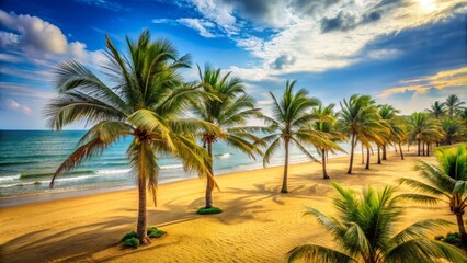 Obraz premium Yellow Sea in June serene landscape with sandy beaches and palm trees swaying in the breeze