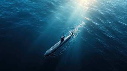Fototapeta premium Submarine silently observing pod of whales in dark depths.