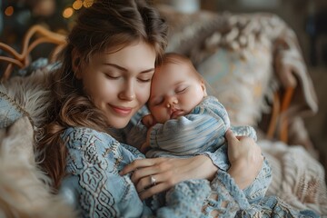 Obraz premium Loving mother tenderly holding her newborn baby in a cozy and bright home setting