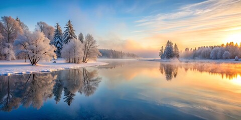 Fototapeta premium Tranquil frozen lake at dawn with mist rising, surrounded by snow-covered trees
