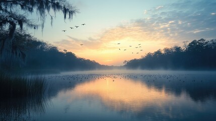 Fototapeta premium A Florida lake at dawn, with birds flying low over the water and the first light of day reflecting on the surface.