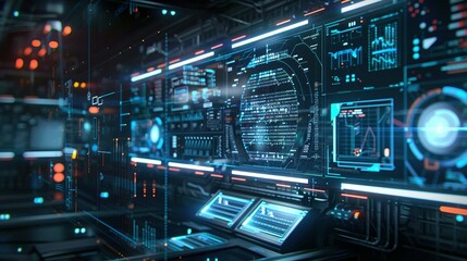 Fototapeta premium Futuristic Data Search Reports with 3D Modeling: CG Data Analysis HUD Technology Reports