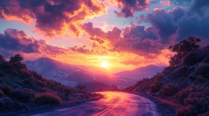 Mountain road with a sunset backdrop, realistic, vibrant colors, dynamic shadows, stunning scenery