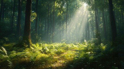 Obraz premium A forest clearing, with sunlight breaking through the trees and illuminating the lush undergrowth and ferns.