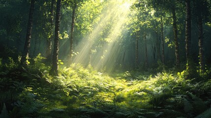 Obraz premium A forest clearing, with sunlight breaking through the trees and illuminating the lush undergrowth and ferns.