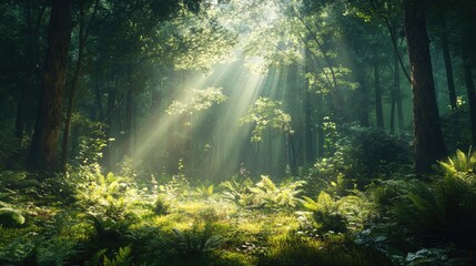 Obraz premium A forest clearing, with sunlight breaking through the trees and illuminating the lush undergrowth and ferns.