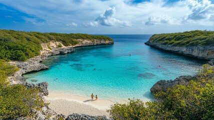 Naklejka premium Panoramic view of a tropical beach featuring sea, sand, and sky, with romantic elements like chairs, umbrellas, and palm leaves, creating a luxurious travel destination atmosphere.