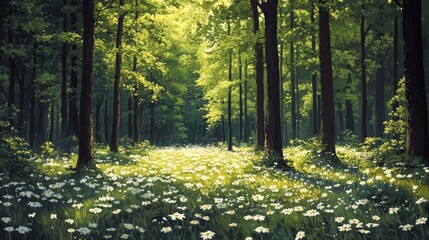 Fototapeta premium A forest in spring, with new leaves on the trees and wildflowers blooming on the forest floor, creating a fresh and vibrant scene.